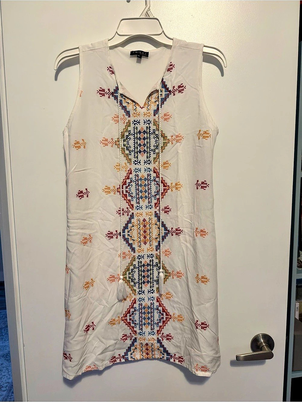 Embroidered Geometric Mini Dress in White & Multicolor